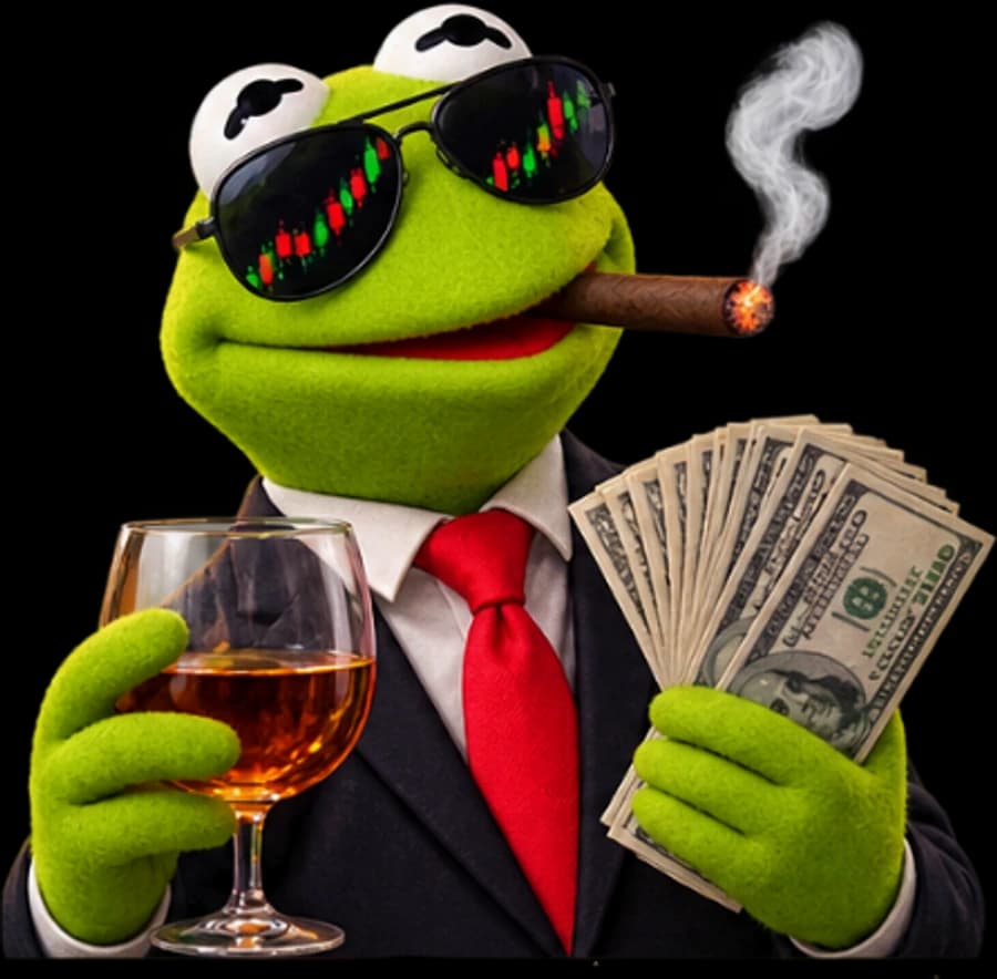 Chill Frog in a suit with cash and a cigar